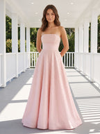 Blush Satin A-Line Straight Neck Corset Back Floor-Length Dress with Pearl Accents and Pockets - Curvevia