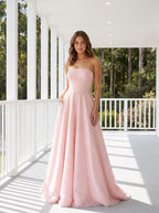 Blush Satin A-Line Straight Neck Corset Back Floor-Length Dress with Pearl Accents and Pockets - Curvevia