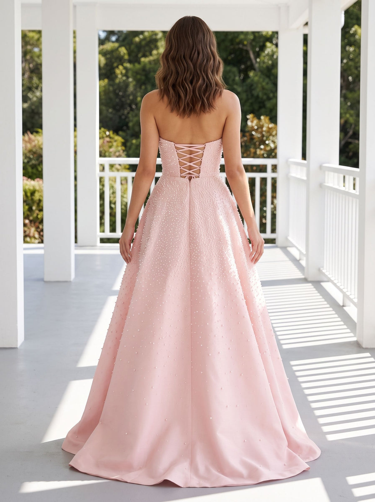 Blush Satin A-Line Straight Neck Corset Back Floor-Length Dress with Pearl Accents and Pockets - Curvevia