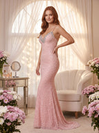 Blush Pink Sequins Mermaid Sweetheart Backless Floor-Length Dress with Intricate Beadwork - Curvevia