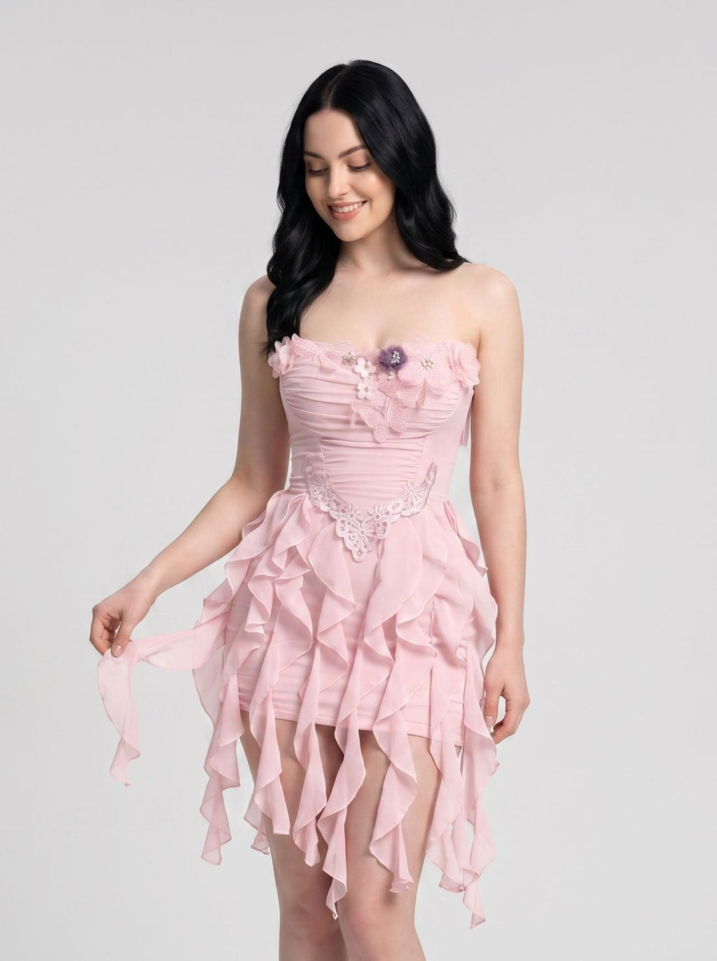 Blush Pink Chiffon A-Line Straight Neck Back Zip Short Dress with Jellyfish Hemline - Curvevia
