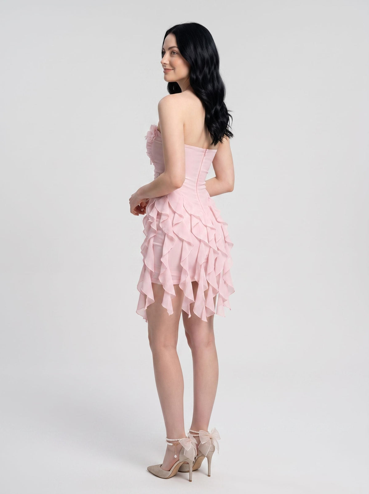 Blush Pink Chiffon A-Line Straight Neck Back Zip Short Dress with Jellyfish Hemline - Curvevia