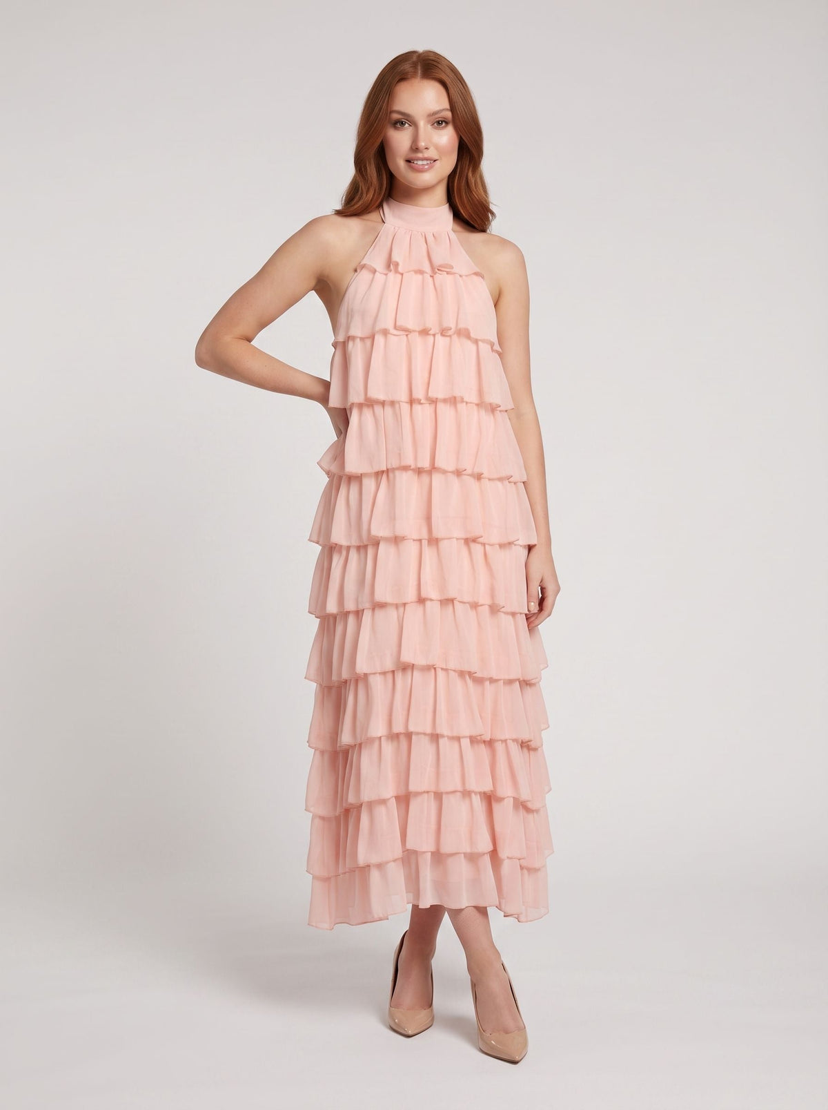 Blushing Pink Chiffon A-Line Halter neckline Backless Floor-Length Dress with Tiered Ruffle Skirt - Curvevia