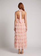 Blushing Pink Chiffon A-Line Halter neckline Backless Floor-Length Dress with Tiered Ruffle Skirt - Curvevia