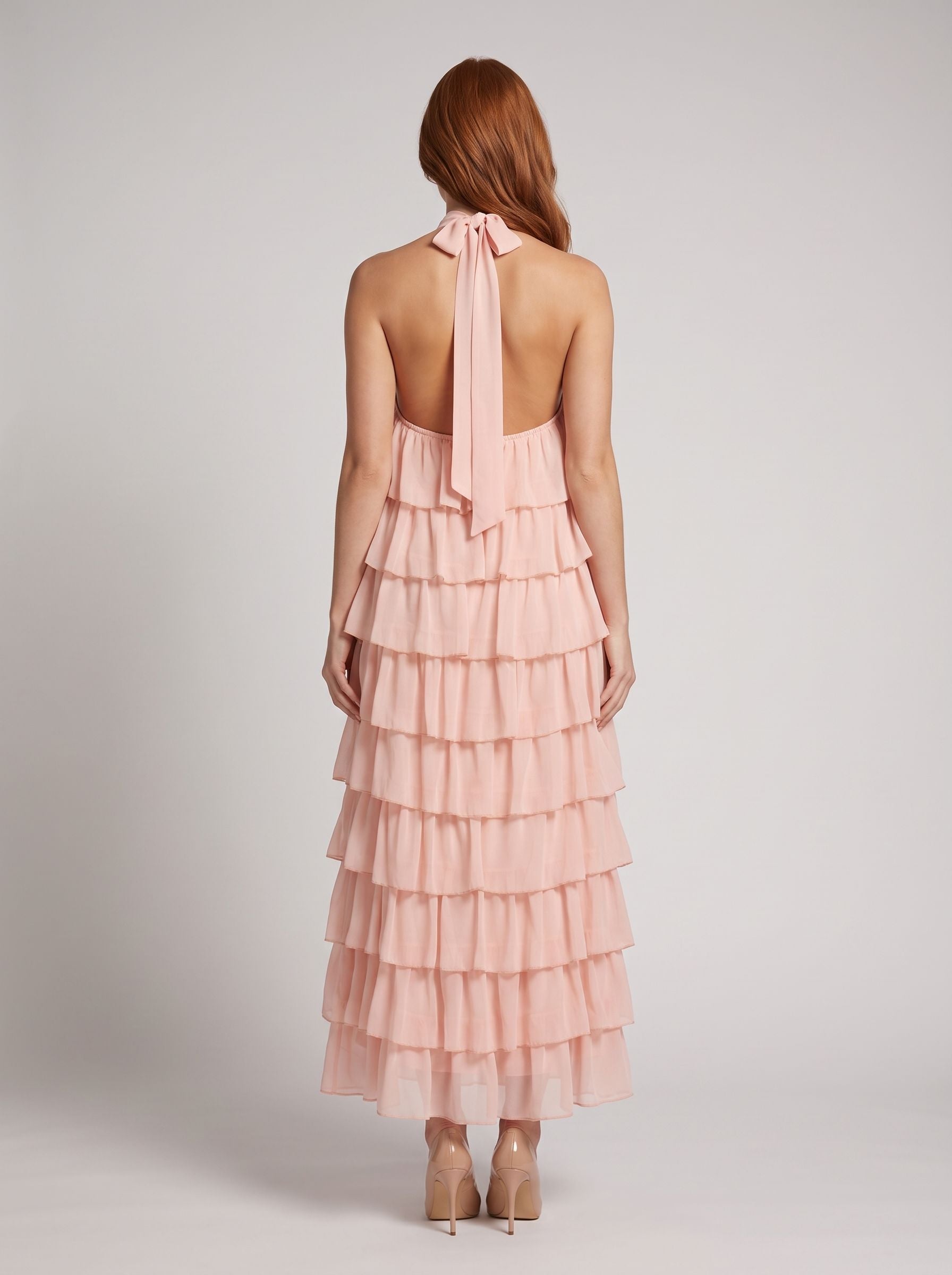 Blushing Pink Chiffon A-Line Halter neckline Backless Floor-Length Dress with Tiered Ruffle Skirt - Curvevia