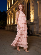 Blushing Pink Chiffon A-Line Halter neckline Backless Floor-Length Dress with Tiered Ruffle Skirt - Curvevia