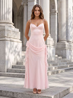Blushing Pink Chiffon A-Line V-Neck Back Zip Floor-Length Dress with Rosette Accent - Curvevia