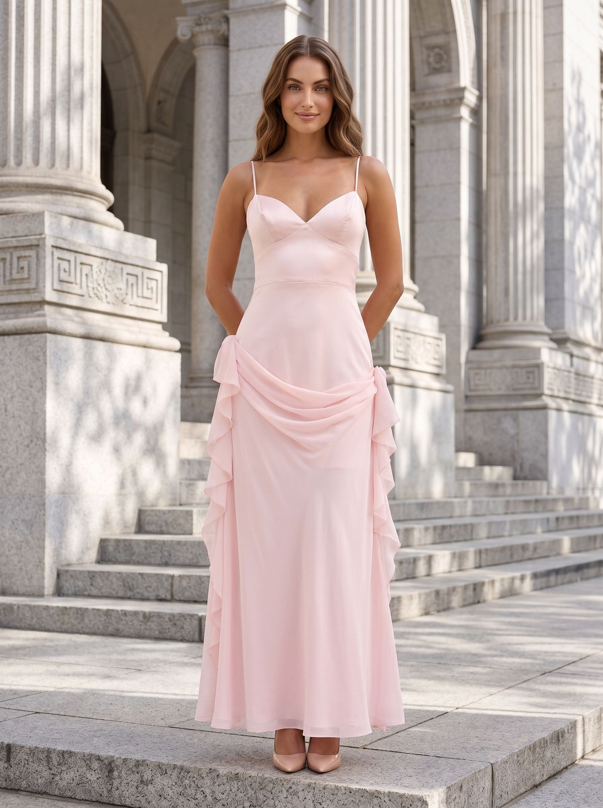 Blushing Pink Chiffon A-Line V-Neck Back Zip Floor-Length Dress with Rosette Accent - Curvevia