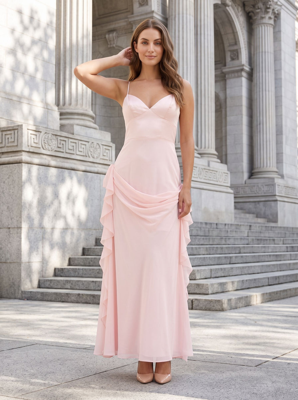 Blushing Pink Chiffon A-Line V-Neck Back Zip Floor-Length Dress with Rosette Accent - Curvevia