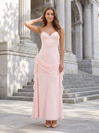 Blushing Pink Chiffon A-Line V-Neck Back Zip Floor-Length Dress with Rosette Accent - Curvevia