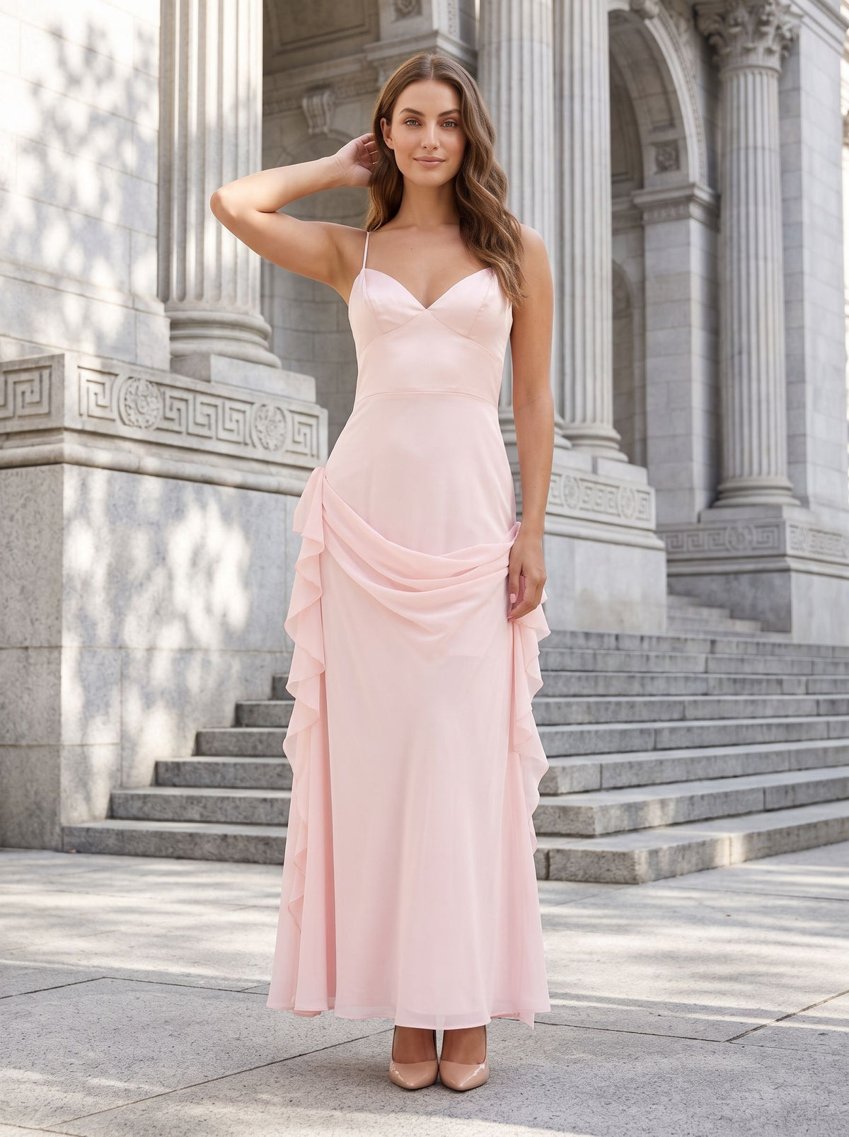 Blushing Pink Chiffon A-Line V-Neck Back Zip Floor-Length Dress with Rosette Accent - Curvevia
