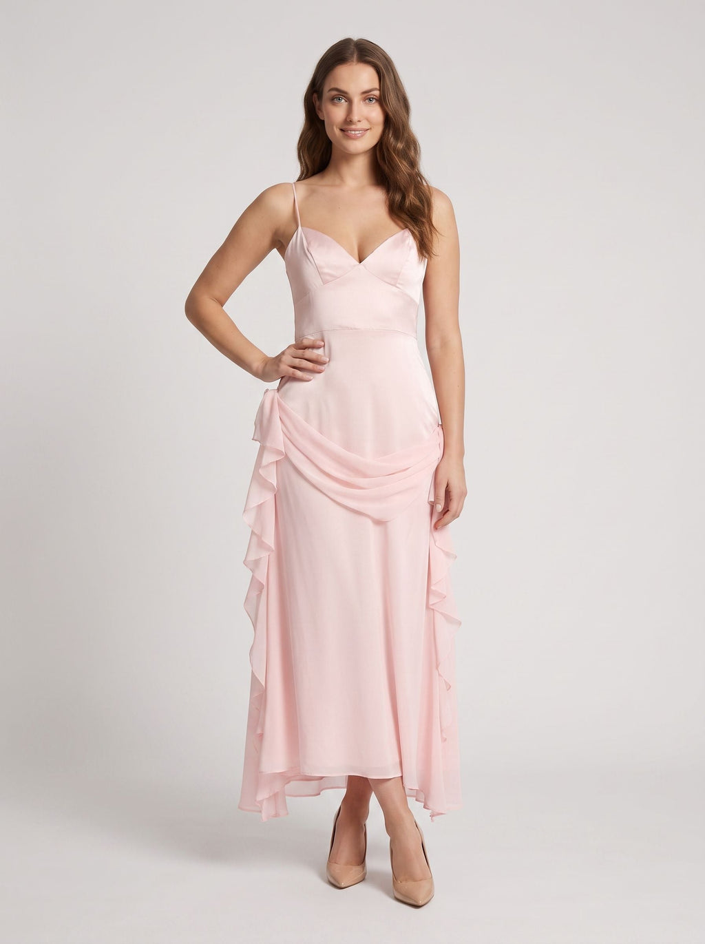 Blushing Pink Chiffon A-Line V-Neck Back Zip Floor-Length Dress with Rosette Accent - Curvevia