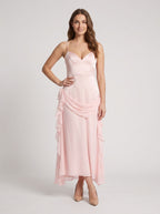 Blushing Pink Chiffon A-Line V-Neck Back Zip Floor-Length Dress with Rosette Accent - Curvevia
