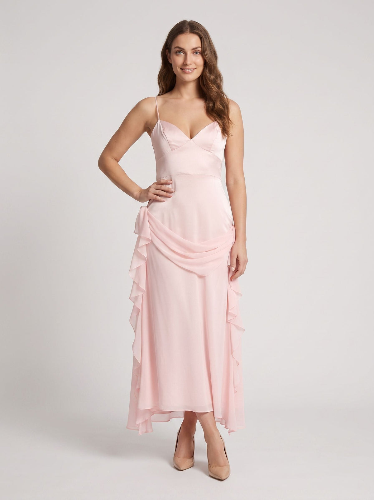 Blushing Pink Chiffon A-Line V-Neck Back Zip Floor-Length Dress with Rosette Accent - Curvevia