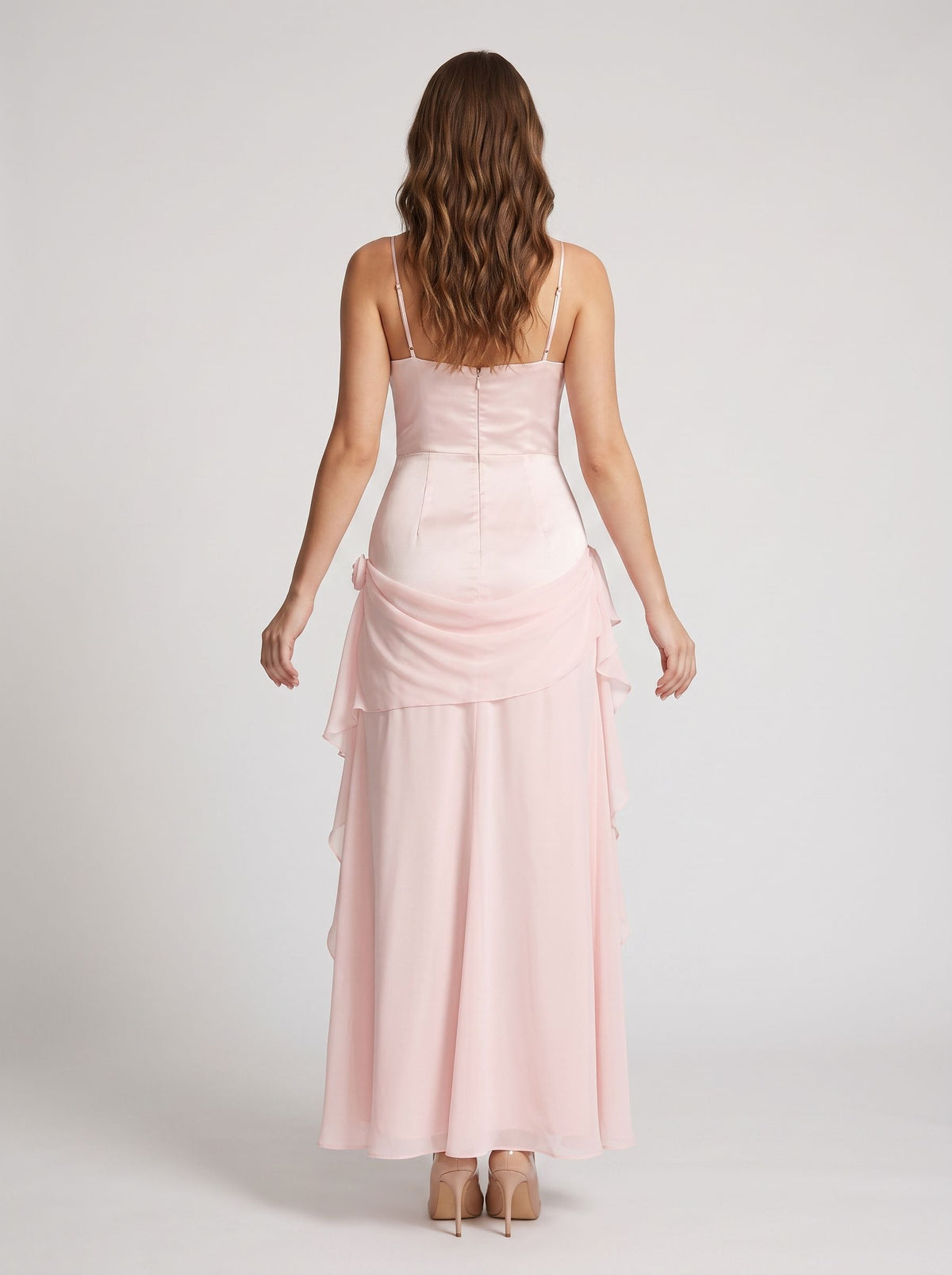 Blushing Pink Chiffon A-Line V-Neck Back Zip Floor-Length Dress with Rosette Accent - Curvevia