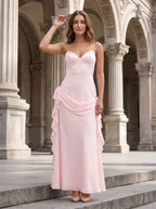 Blushing Pink Chiffon A-Line V-Neck Back Zip Floor-Length Dress with Rosette Accent - Curvevia