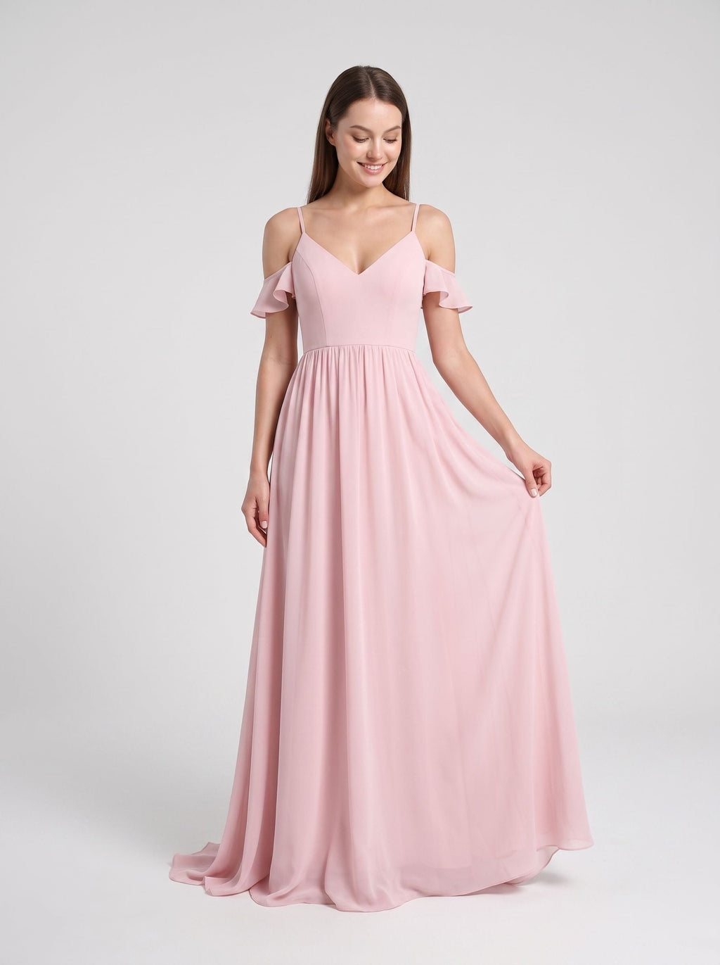 Blushing Pink Chiffon Empire V-Neck V-Back Floor-Length Dress with Spaghetti straps and sweep train - Curvevia