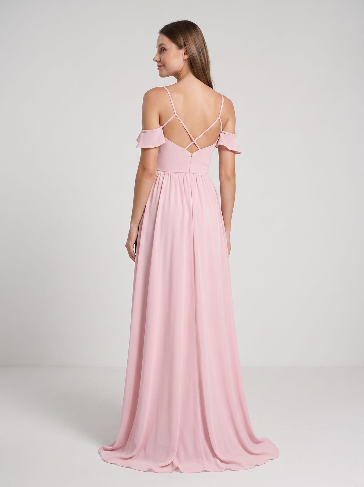 Blushing Pink Chiffon Empire V-Neck V-Back Floor-Length Dress with Spaghetti straps and sweep train - Curvevia