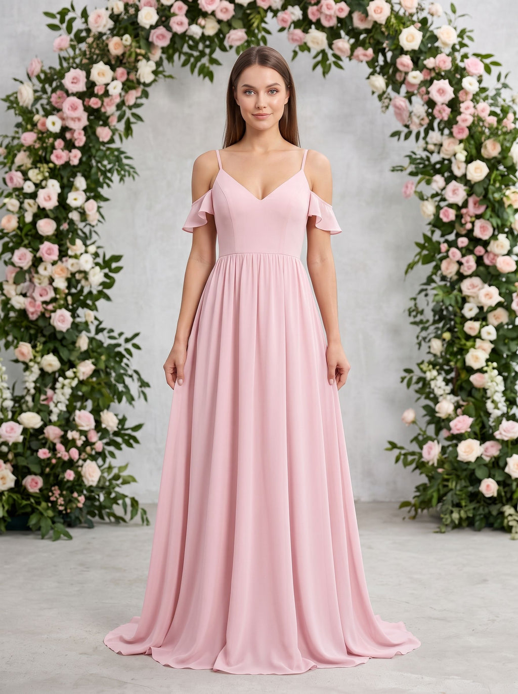 Blushing Pink Chiffon Empire V-Neck V-Back Floor-Length Dress with Spaghetti straps and sweep train - Curvevia