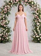 Blushing Pink Chiffon Empire V-Neck V-Back Floor-Length Dress with Spaghetti straps and sweep train - Curvevia