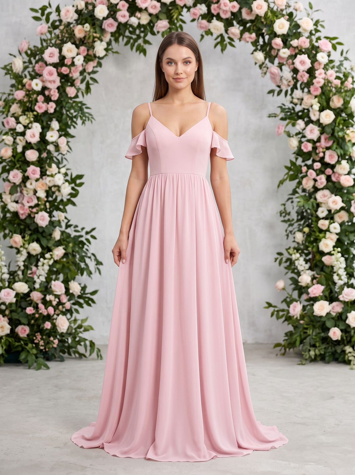 Blushing Pink Chiffon Empire V-Neck V-Back Floor-Length Dress with Spaghetti straps and sweep train - Curvevia