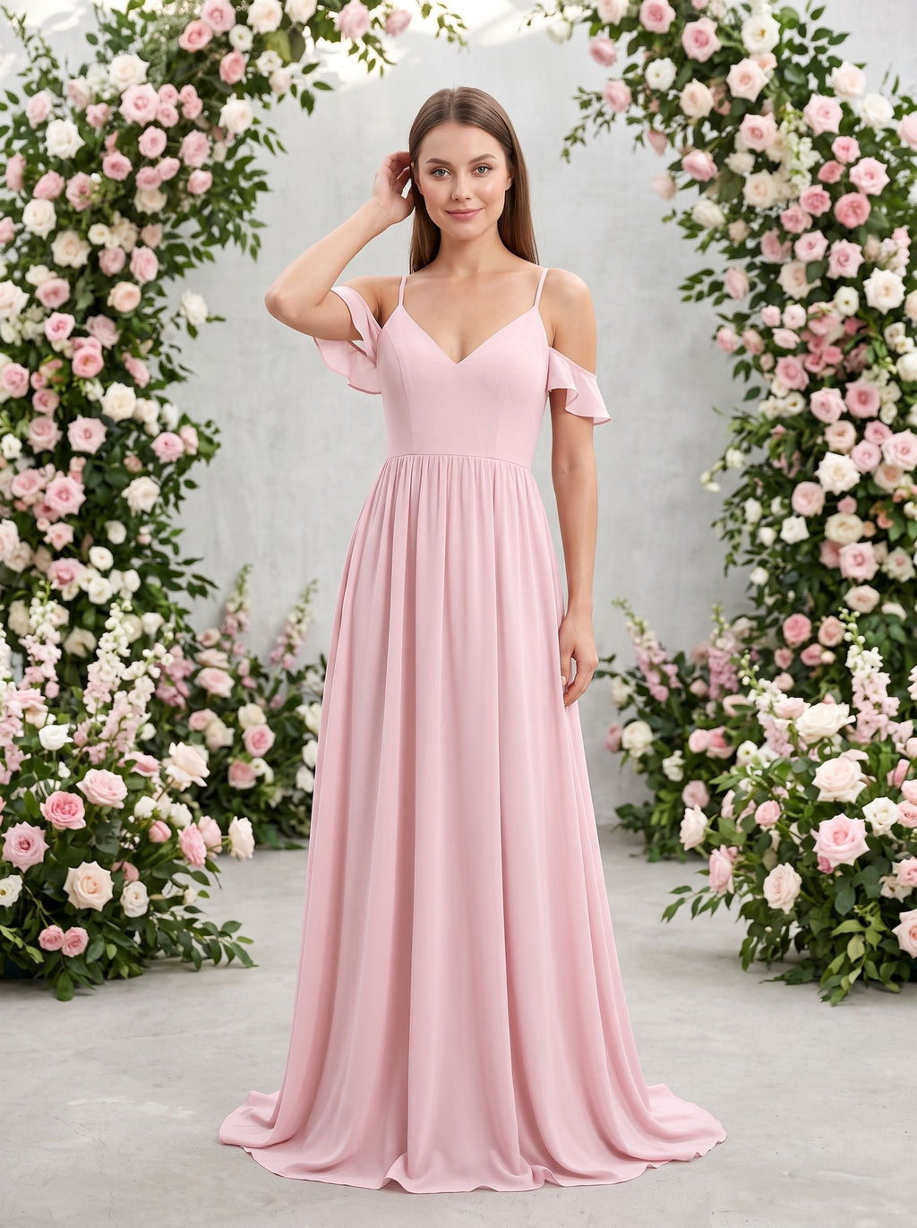 Blushing Pink Chiffon Empire V-Neck V-Back Floor-Length Dress with Spaghetti straps and sweep train - Curvevia