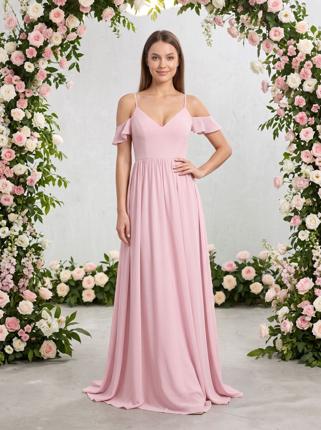 Blushing Pink Chiffon Empire V-Neck V-Back Floor-Length Dress with Spaghetti straps and sweep train - Curvevia