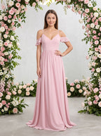 Blushing Pink Chiffon Empire V-Neck V-Back Floor-Length Dress with Spaghetti straps and sweep train - Curvevia