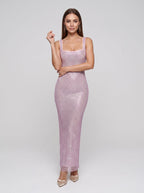 Lilac Rhinestone Mesh Sheath Square Neck Backless Floor-Length Dress - Curvevia