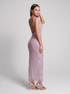 Lilac Rhinestone Mesh Sheath Square Neck Backless Floor-Length Dress - Curvevia