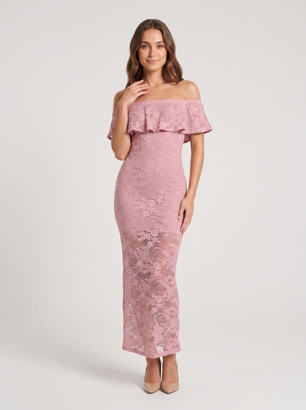 Dusty Rose Lace Sheath Off-the-Shoulder Back Zip Floor-Length Dress with Scalloped Lace - Curvevia