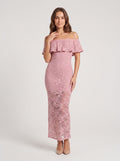 Dusty Rose Lace Sheath Off-the-Shoulder Back Zip Floor-Length Dress with Scalloped Lace - Curvevia