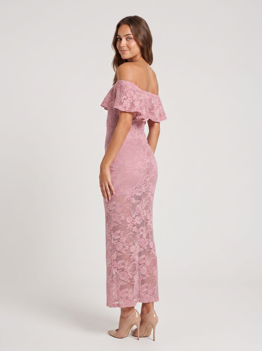 Dusty Rose Lace Sheath Off-the-Shoulder Back Zip Floor-Length Dress with Scalloped Lace - Curvevia