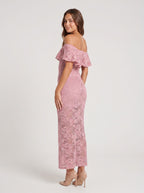Dusty Rose Lace Sheath Off-the-Shoulder Back Zip Floor-Length Dress with Scalloped Lace - Curvevia