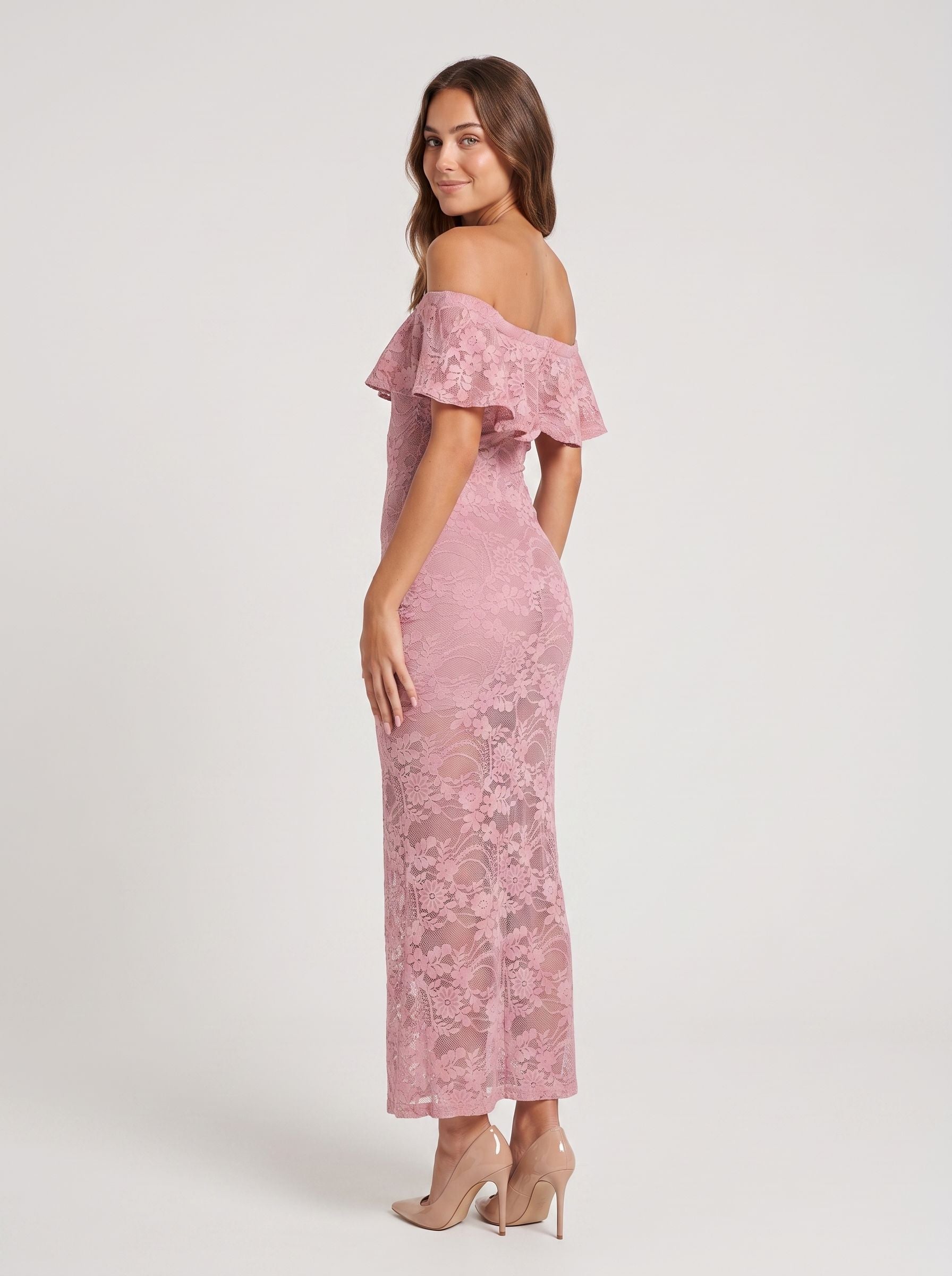 Dusty Rose Lace Sheath Off-the-Shoulder Back Zip Floor-Length Dress with Scalloped Lace - Curvevia