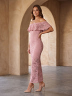 Dusty Rose Lace Sheath Off-the-Shoulder Back Zip Floor-Length Dress with Scalloped Lace - Curvevia