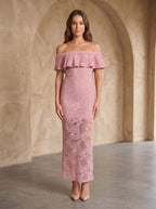 Dusty Rose Lace Sheath Off-the-Shoulder Back Zip Floor-Length Dress with Scalloped Lace - Curvevia
