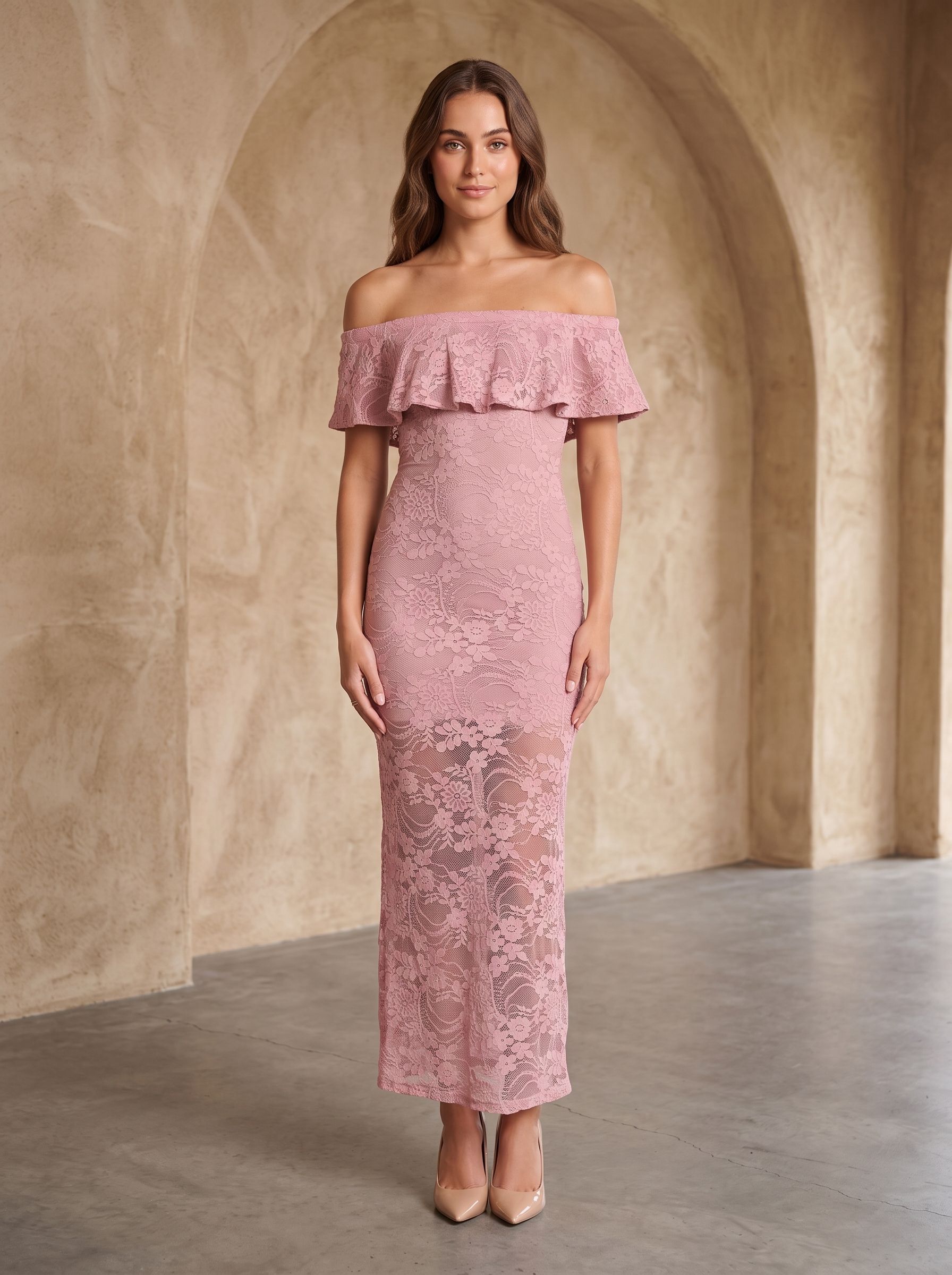 Dusty Rose Lace Sheath Off-the-Shoulder Back Zip Floor-Length Dress with Scalloped Lace - Curvevia