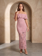 Dusty Rose Lace Sheath Off-the-Shoulder Back Zip Floor-Length Dress with Scalloped Lace - Curvevia