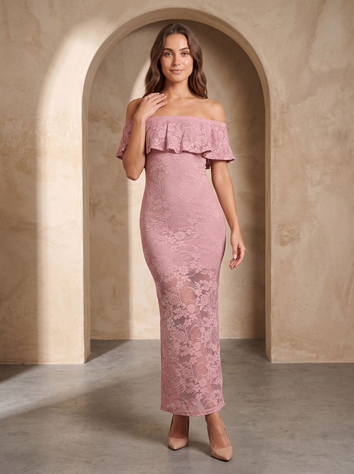Dusty Rose Lace Sheath Off-the-Shoulder Back Zip Floor-Length Dress with Scalloped Lace - Curvevia