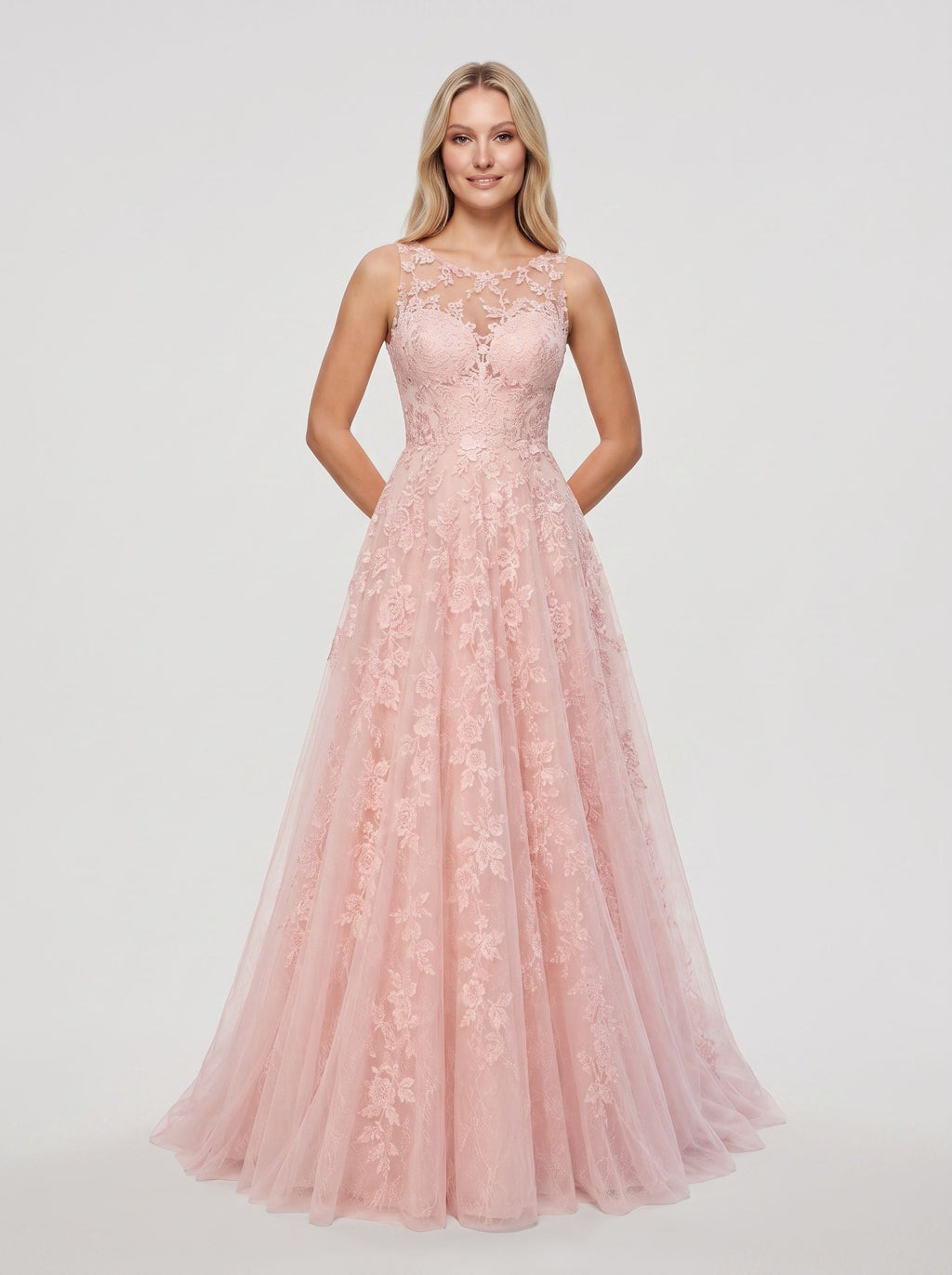 Blushing Pink Lace & Tulle A-Line Scoop Neck Illusion Floor-Length Dress with Sweep Train - Curvevia