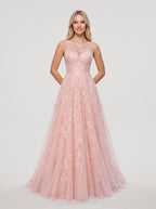 Blushing Pink Lace & Tulle A-Line Scoop Neck Illusion Floor-Length Dress with Sweep Train - Curvevia