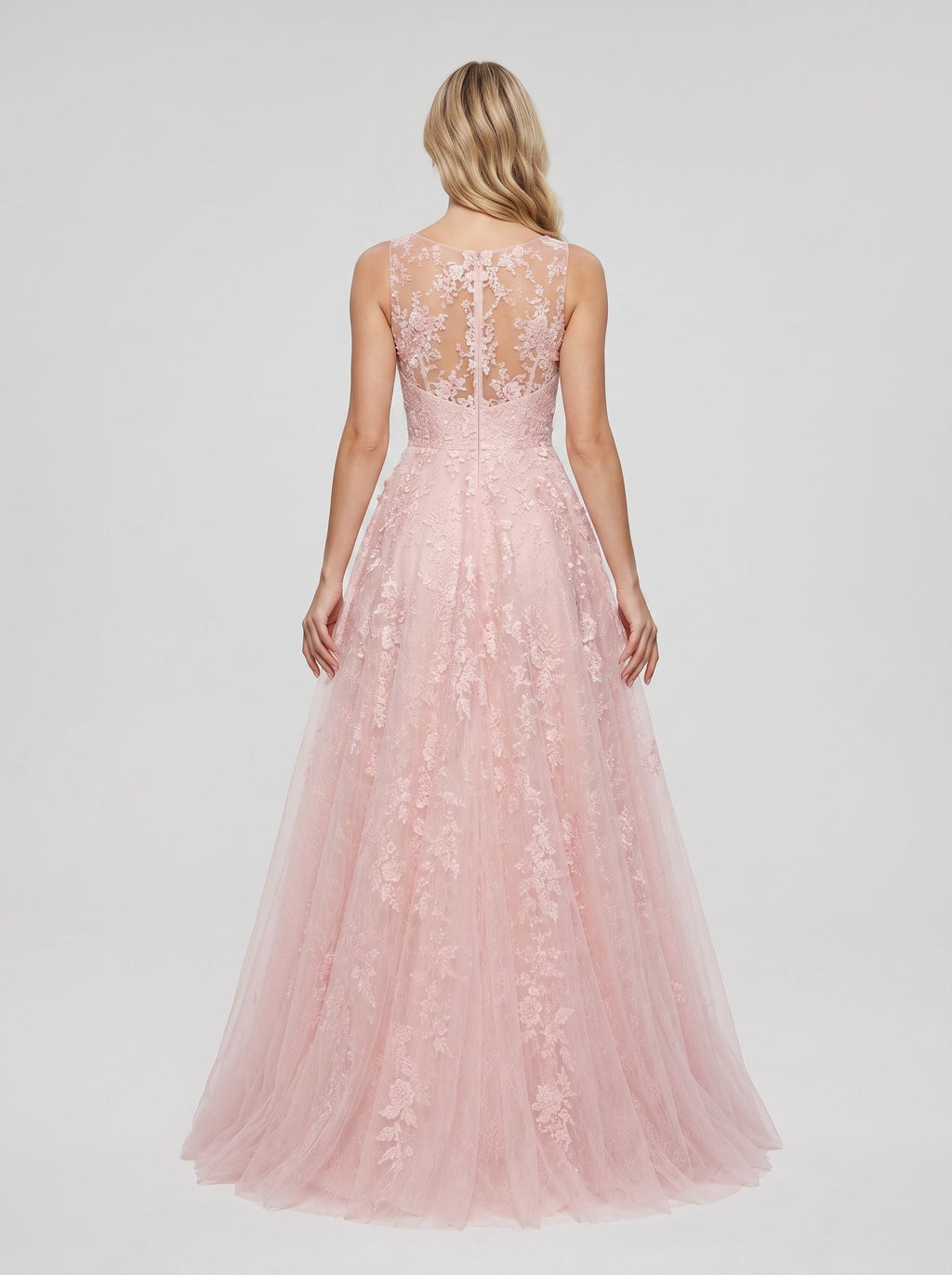 Blushing Pink Lace & Tulle A-Line Scoop Neck Illusion Floor-Length Dress with Sweep Train - Curvevia