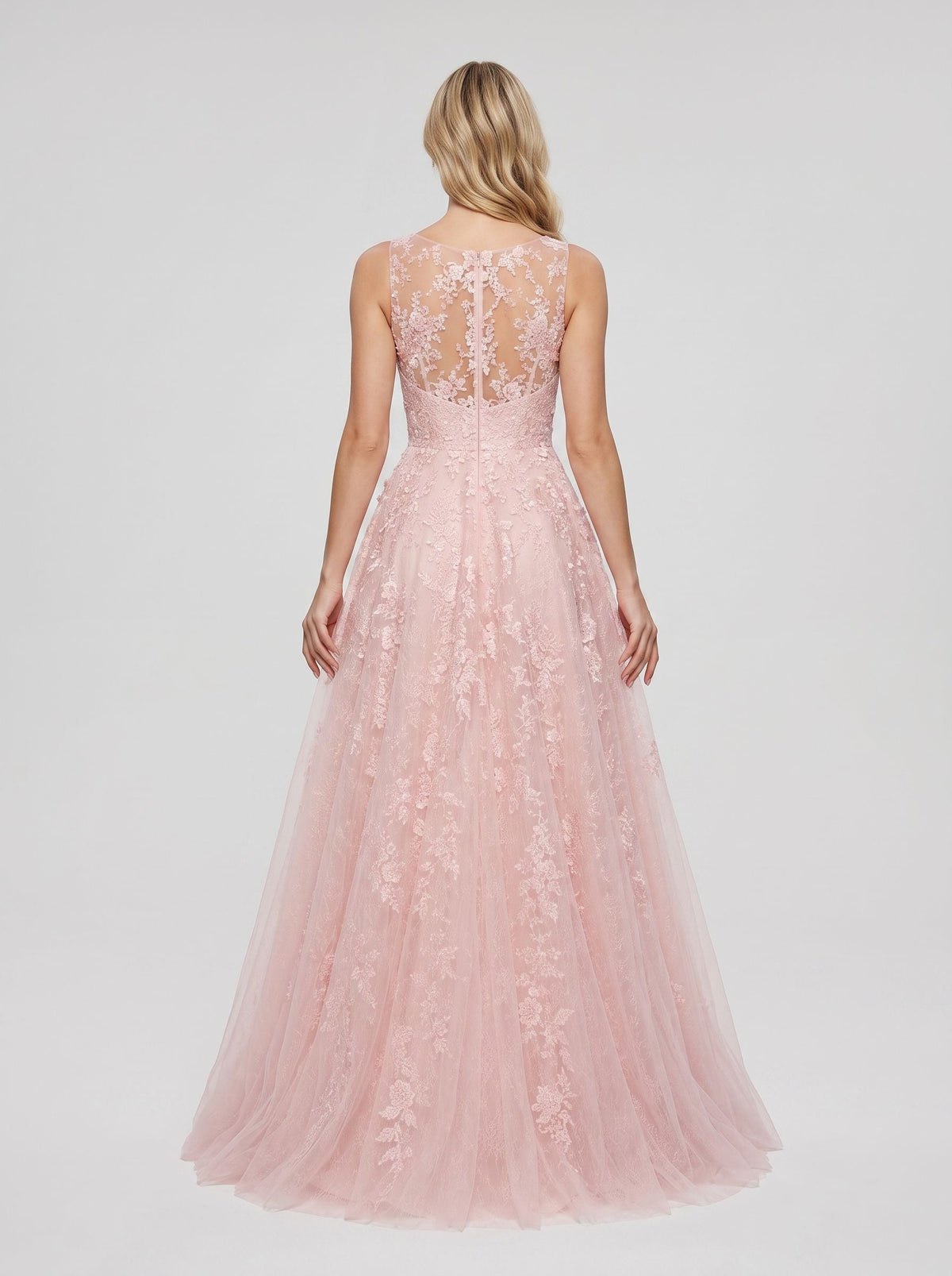 Blushing Pink Lace & Tulle A-Line Scoop Neck Illusion Floor-Length Dress with Sweep Train - Curvevia