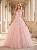 Blushing Pink Lace & Tulle A-Line Scoop Neck Illusion Floor-Length Dress with Sweep Train - Curvevia