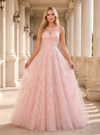 Blushing Pink Lace & Tulle A-Line Scoop Neck Illusion Floor-Length Dress with Sweep Train - Curvevia