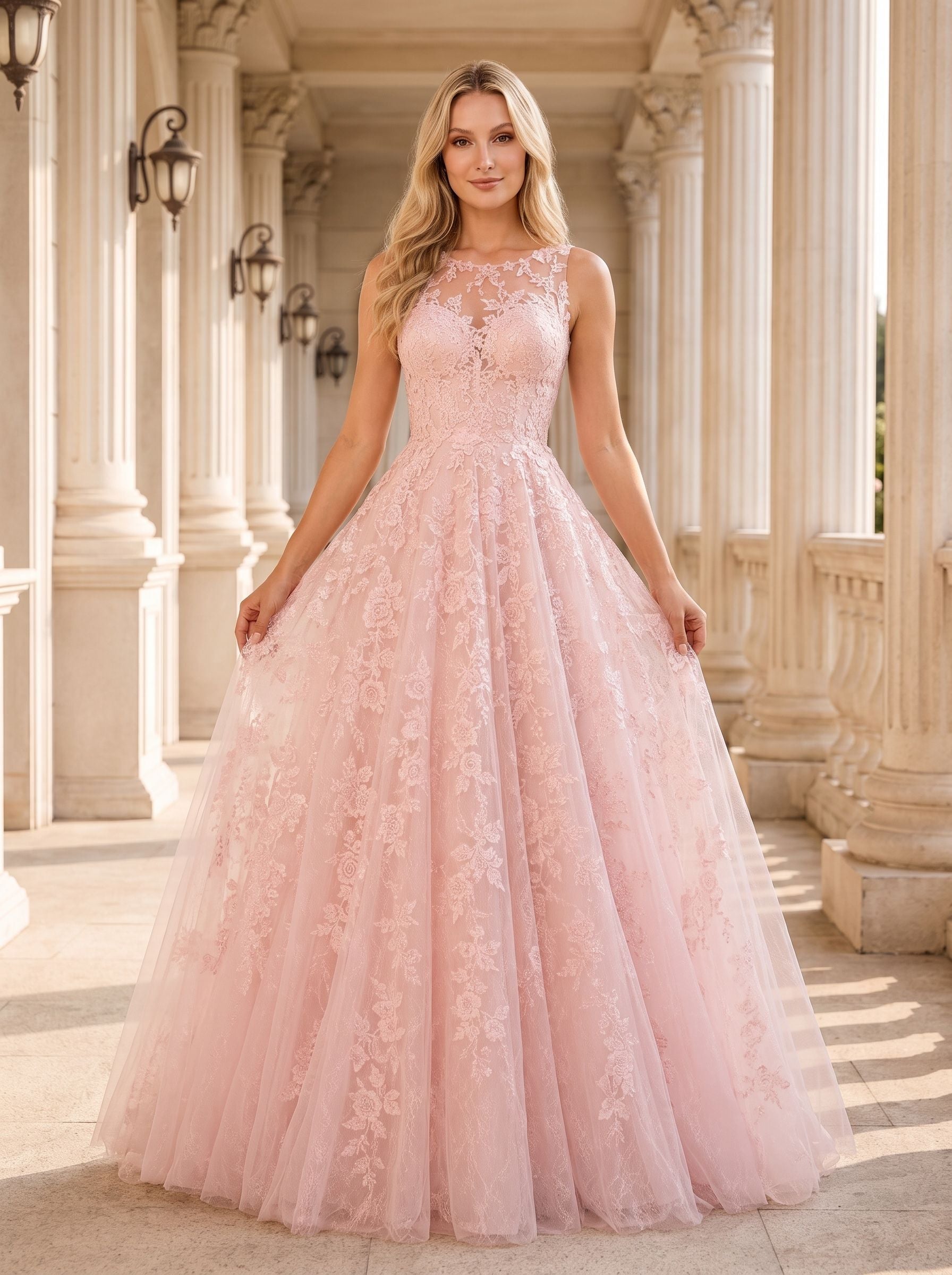 Blushing Pink Lace & Tulle A-Line Scoop Neck Illusion Floor-Length Dress with Sweep Train - Curvevia