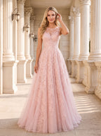 Blushing Pink Lace & Tulle A-Line Scoop Neck Illusion Floor-Length Dress with Sweep Train - Curvevia
