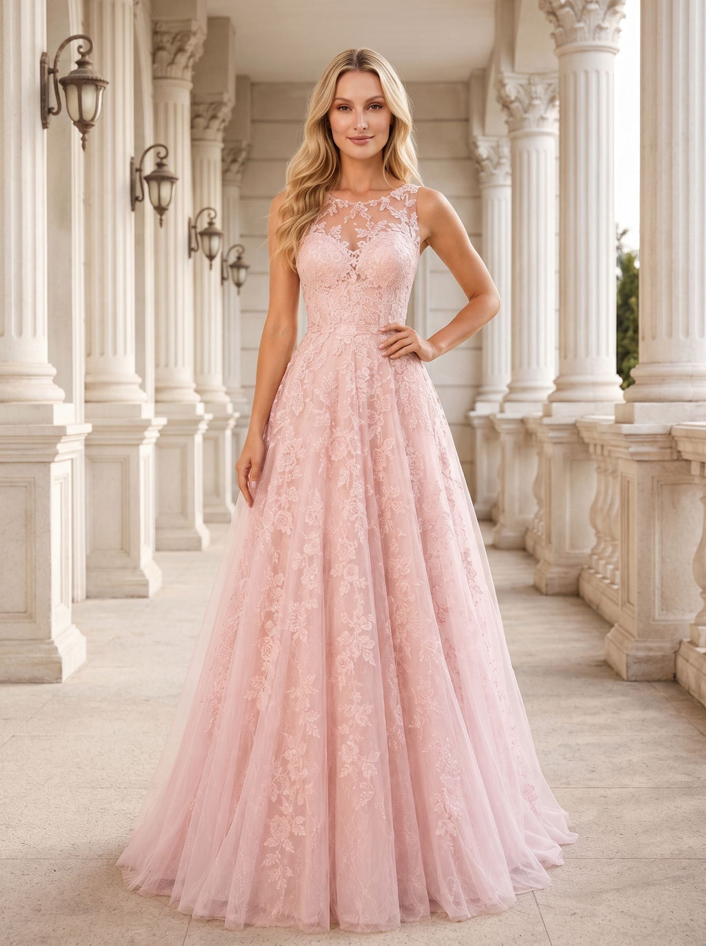 Blushing Pink Lace & Tulle A-Line Scoop Neck Illusion Floor-Length Dress with Sweep Train - Curvevia
