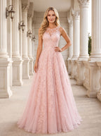 Blushing Pink Lace & Tulle A-Line Scoop Neck Illusion Floor-Length Dress with Sweep Train - Curvevia